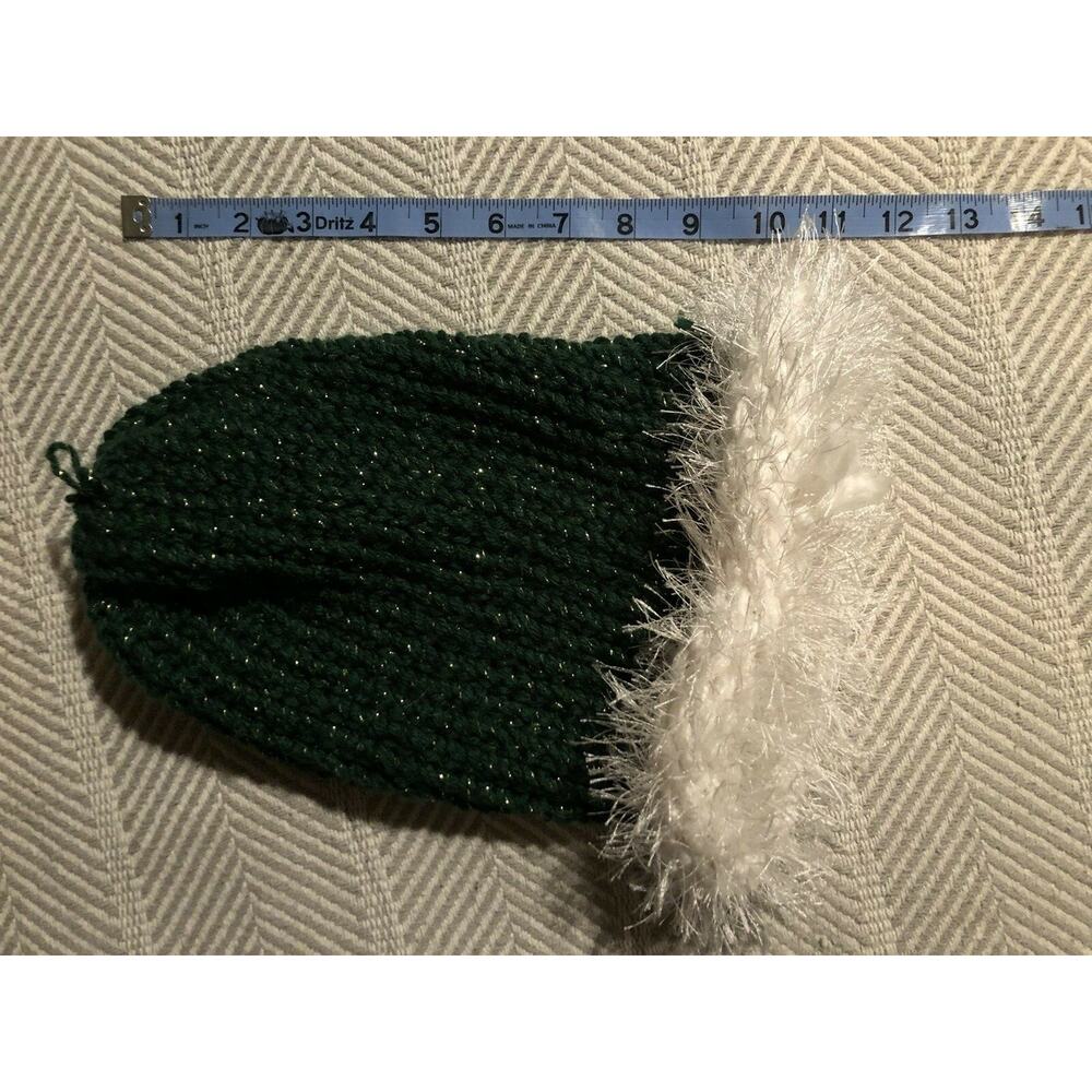 Hand Knitted Beanie Sock Hat Chunky Green White Trim Fuzzy Christmas Santa Elf - Picture 4 of 4